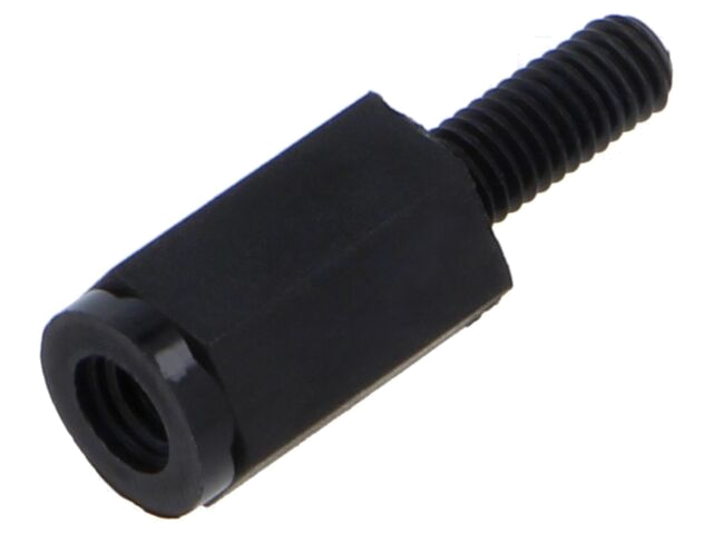 Afstandsbus met schroefdraad; zeskantig; polyamide; M3; M3; zwart Afstandsbus met schroefdraad; zeskantig; polyamide; M3; M3; zwart